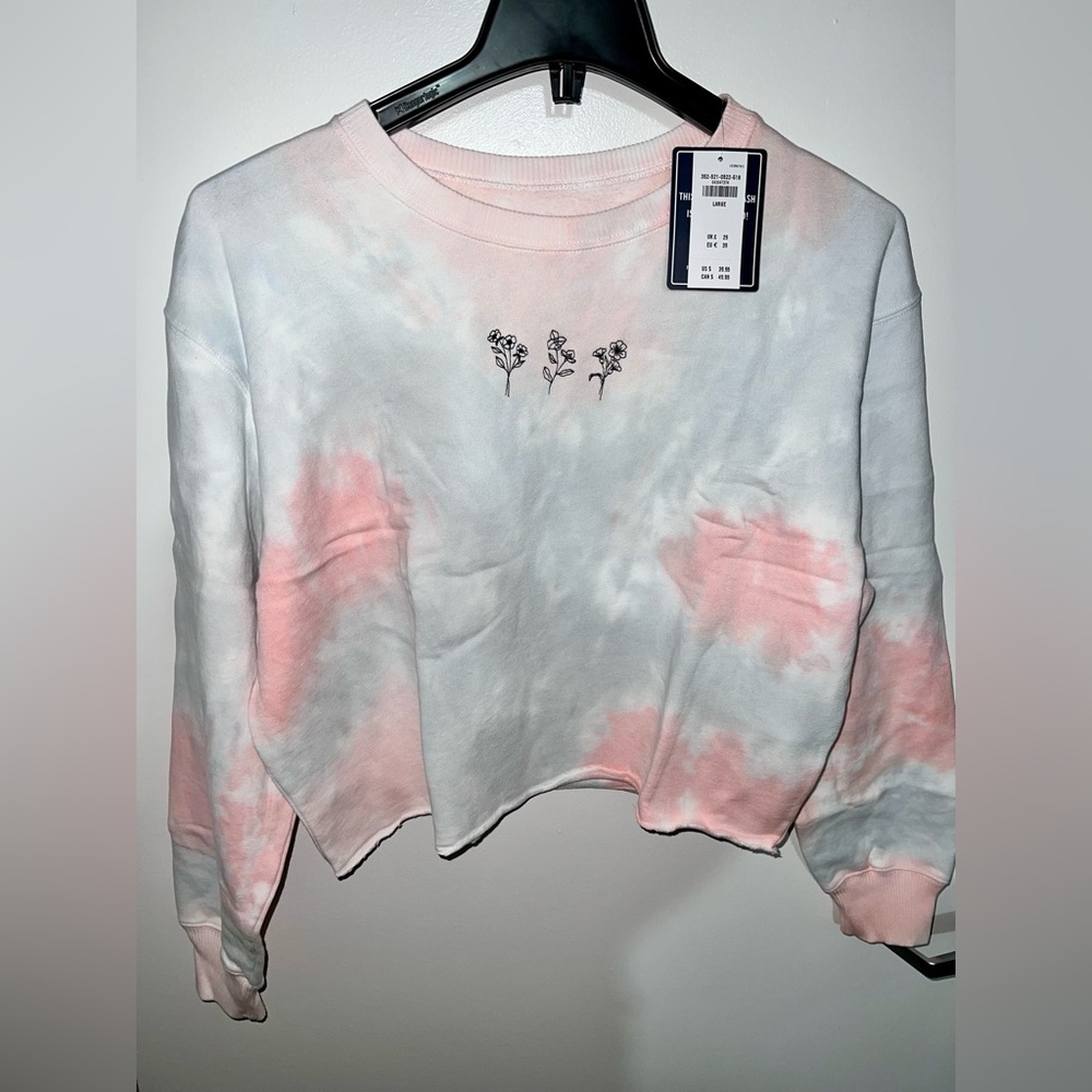 🌸Hollister Pink & Grey Tie-Dye Cropped Pullover Sweatshirt Size Large NWT